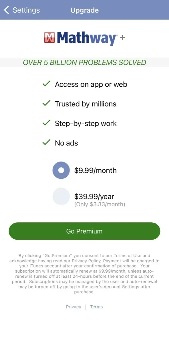 Mathway paywall screen