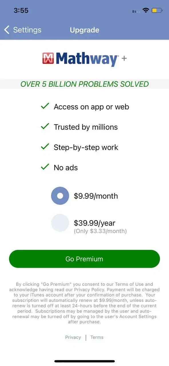 Mathway paywall screen