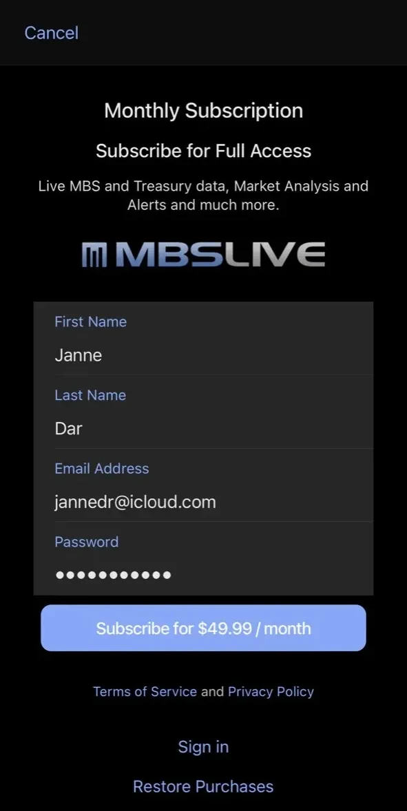 MBS Live paywall screen