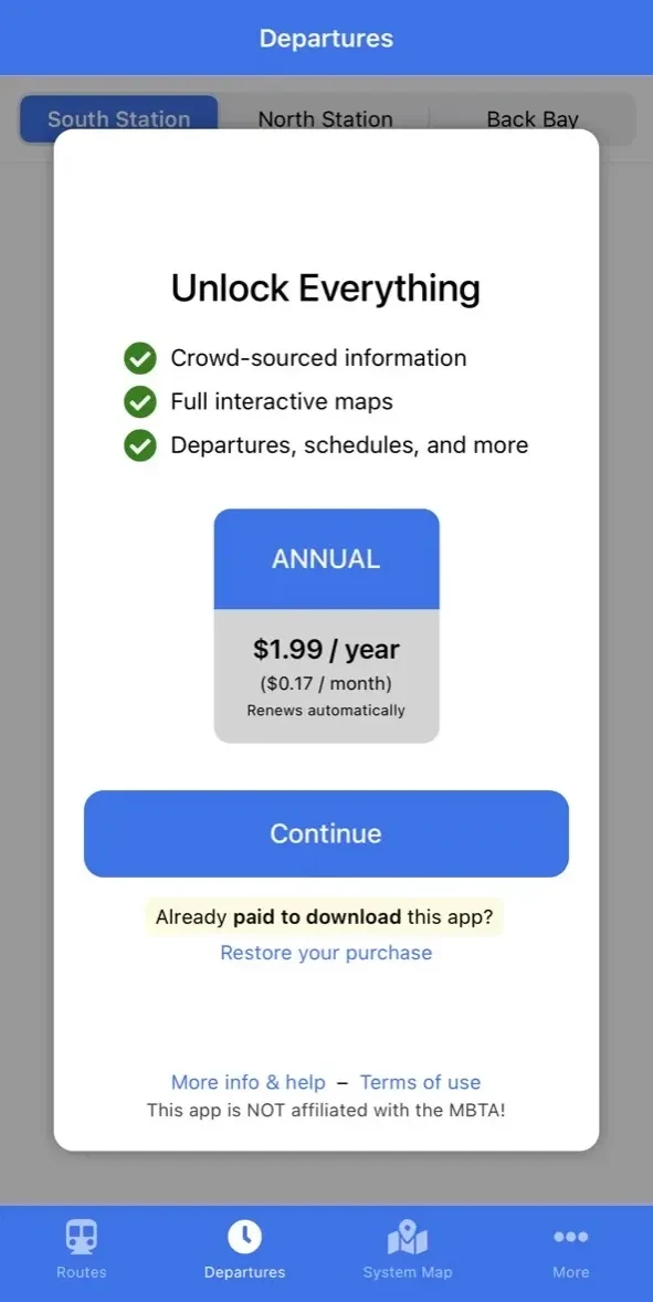 MBTA Rail paywall screen