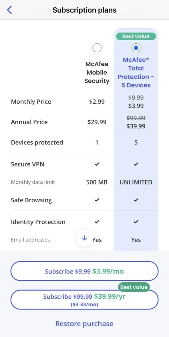McAfee Security paywall screen