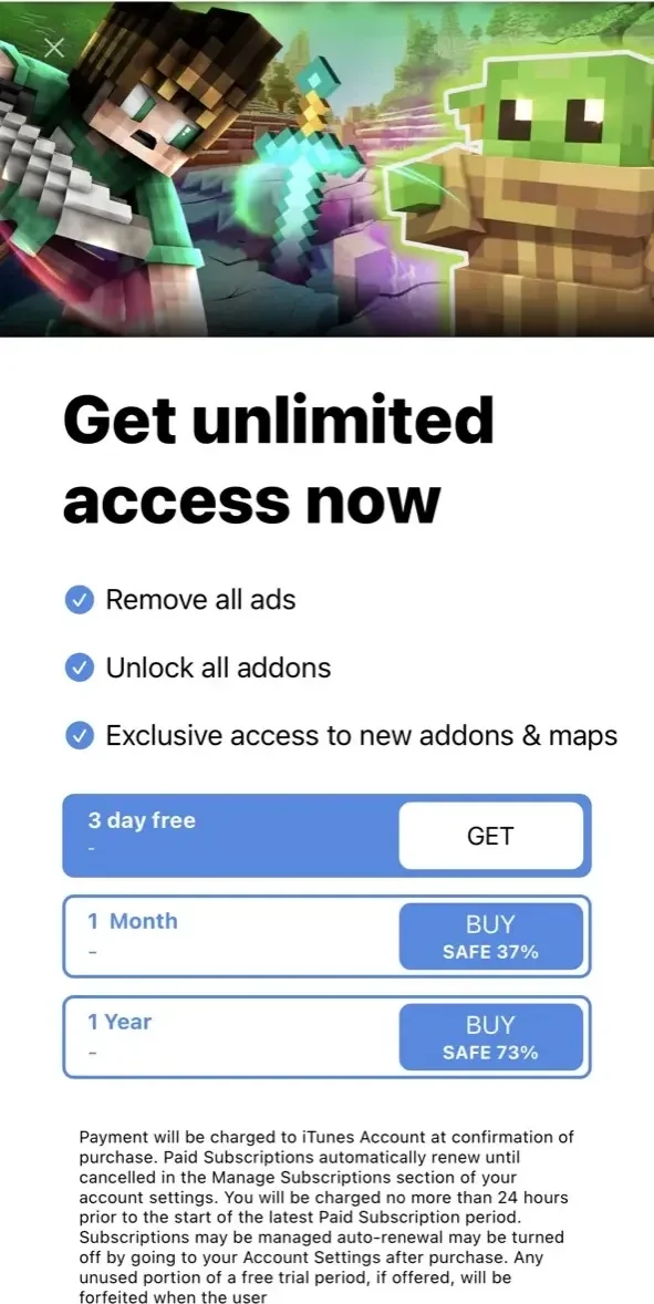 MCPE addons paywall screen