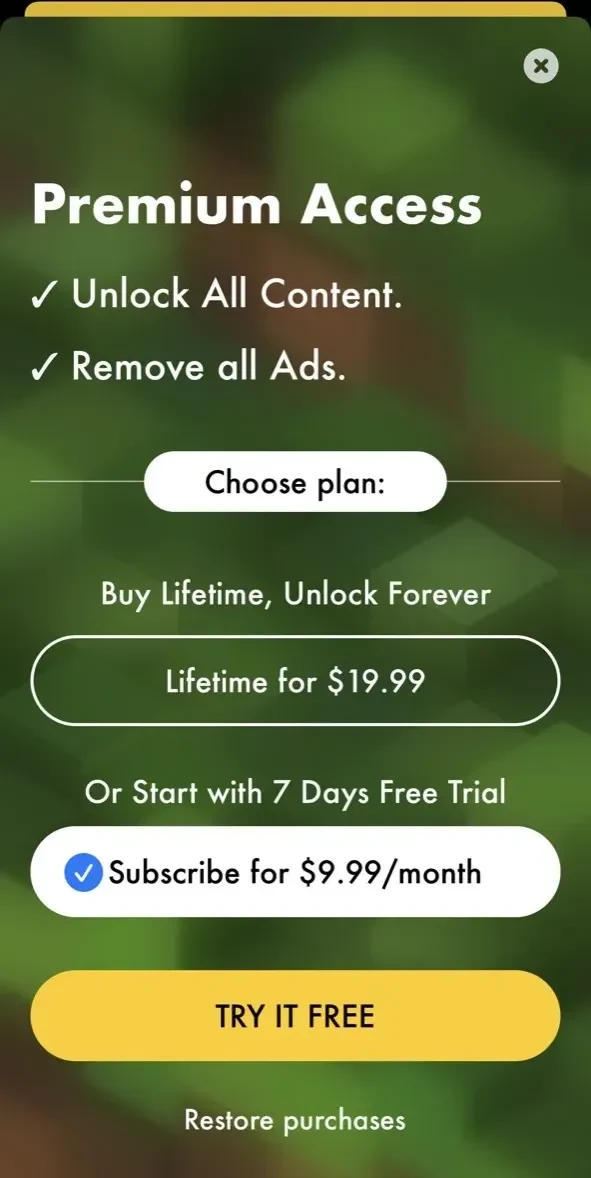 MCPE Addons paywall screen