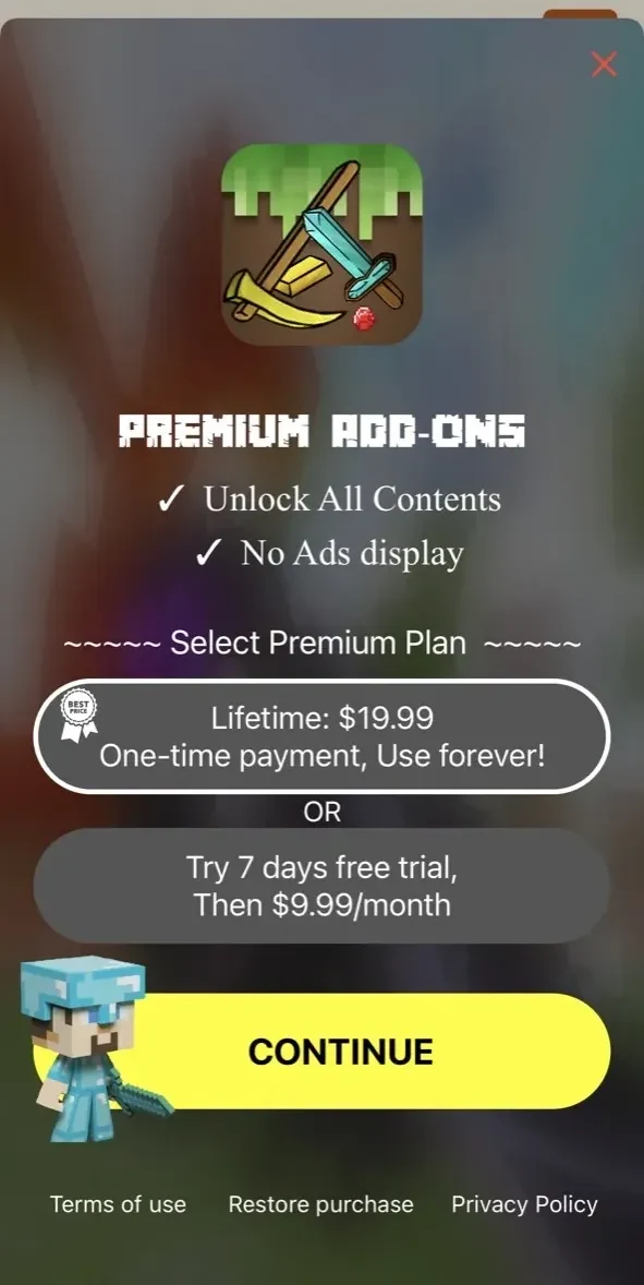 MCPE Addons paywall screen