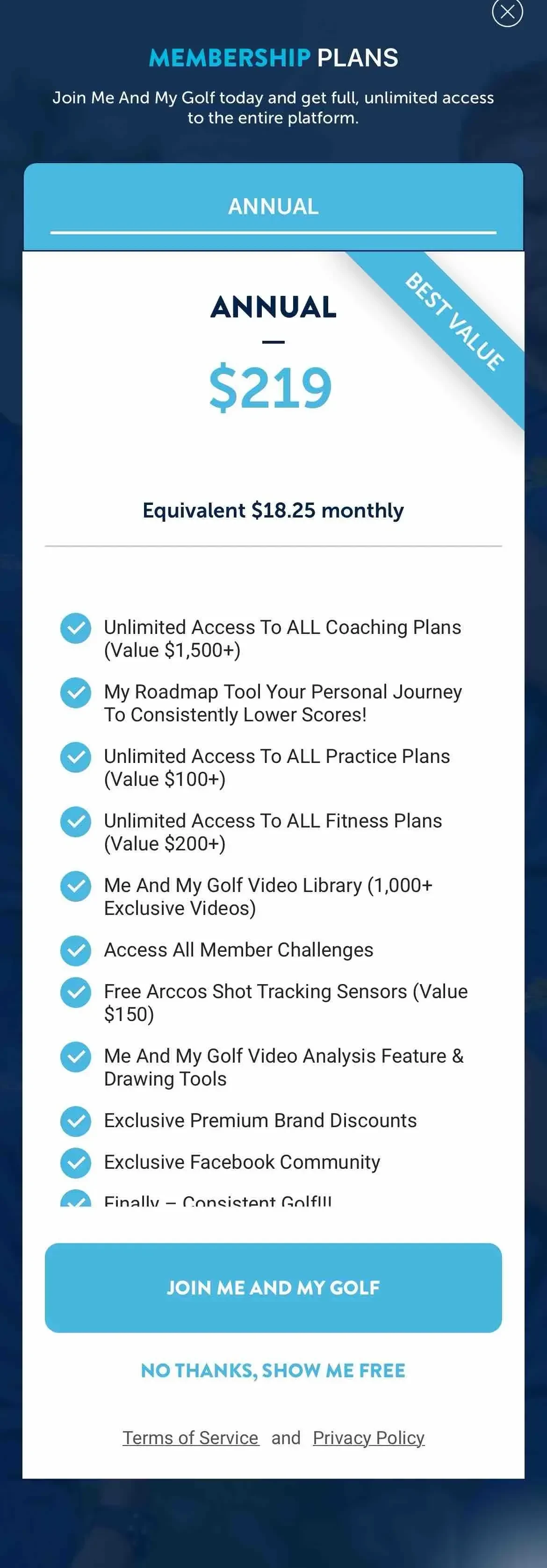 Me and My Golf paywall screen