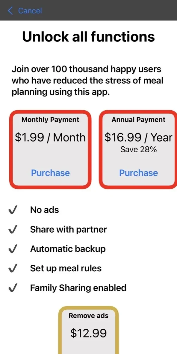 Meal Planner Grocery List paywall screen