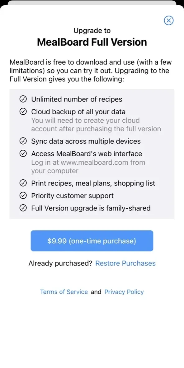 MealBoard paywall screen