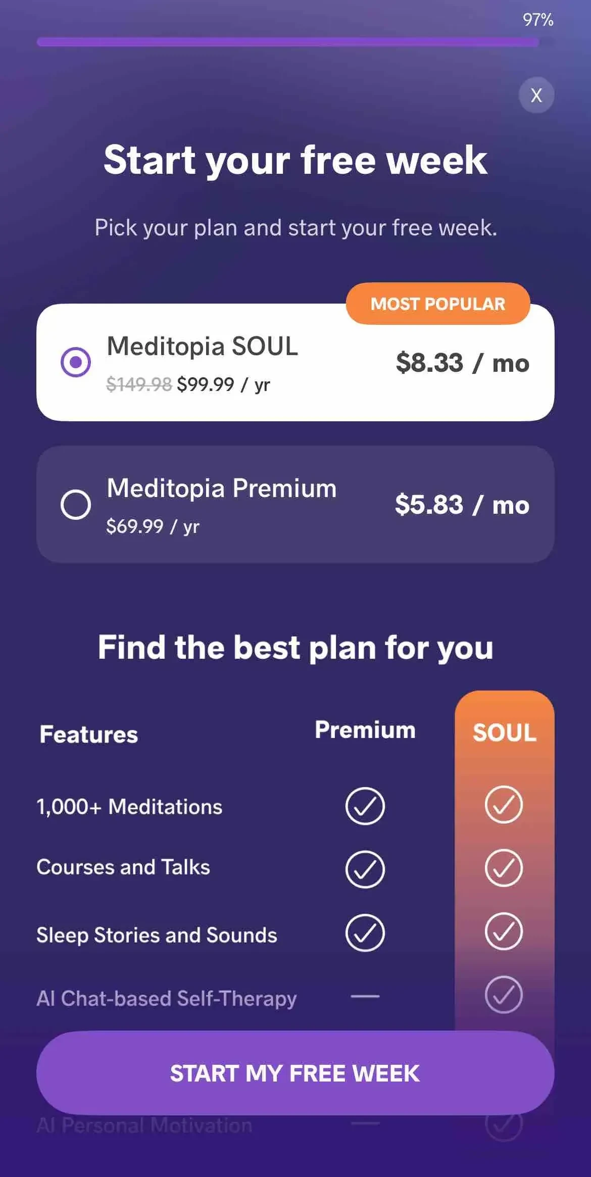 Meditopia paywall screen