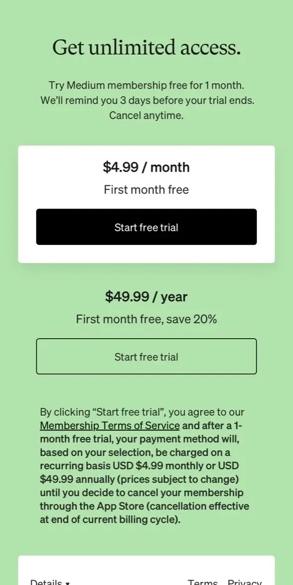 Medium paywall screen