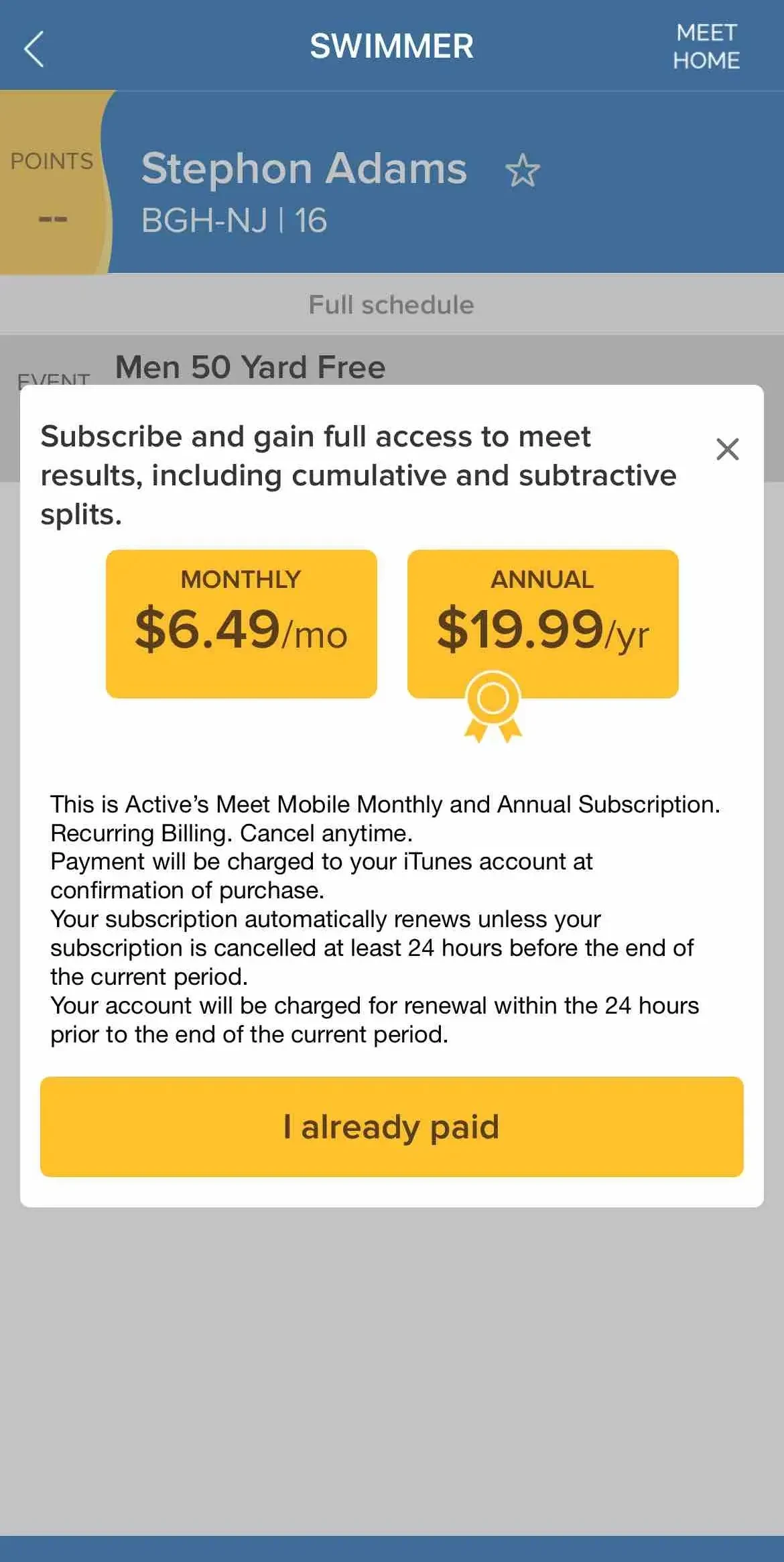 Meet Mobile paywall screen