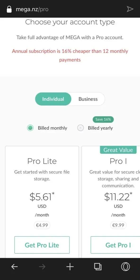 MEGA paywall screen