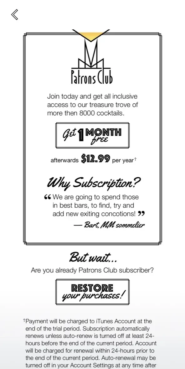 Melange Maestro Cocktails paywall screen