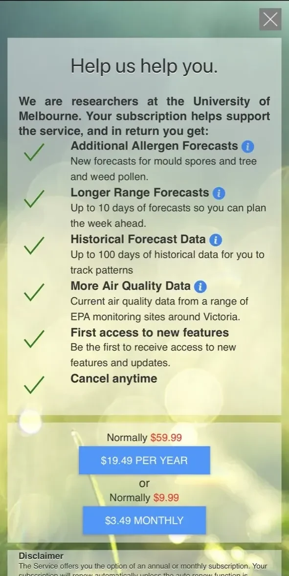 Melbourne Pollen Count paywall screen