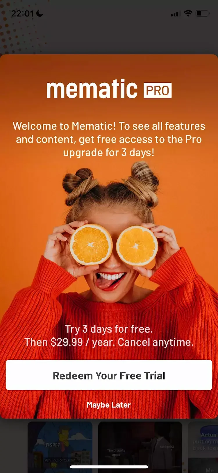 Mematic paywall screen