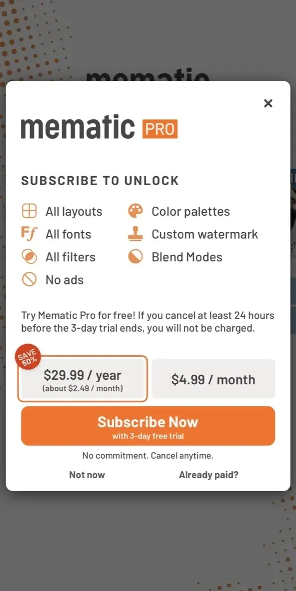 Mematic paywall screen