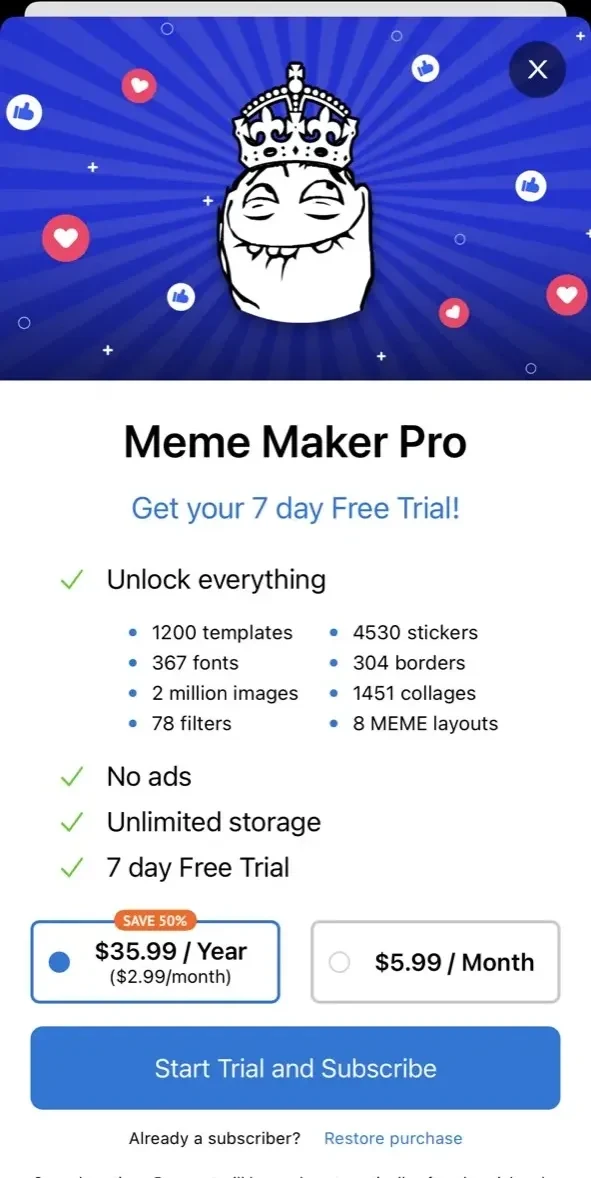 Meme Maker Pro paywall screen