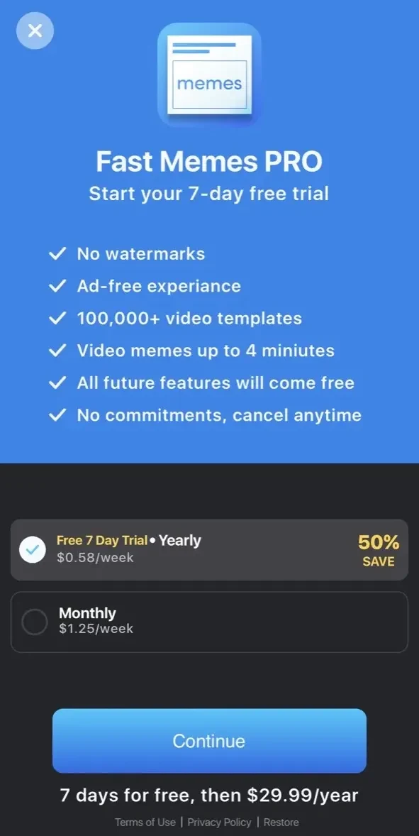 Memes Ai paywall screen