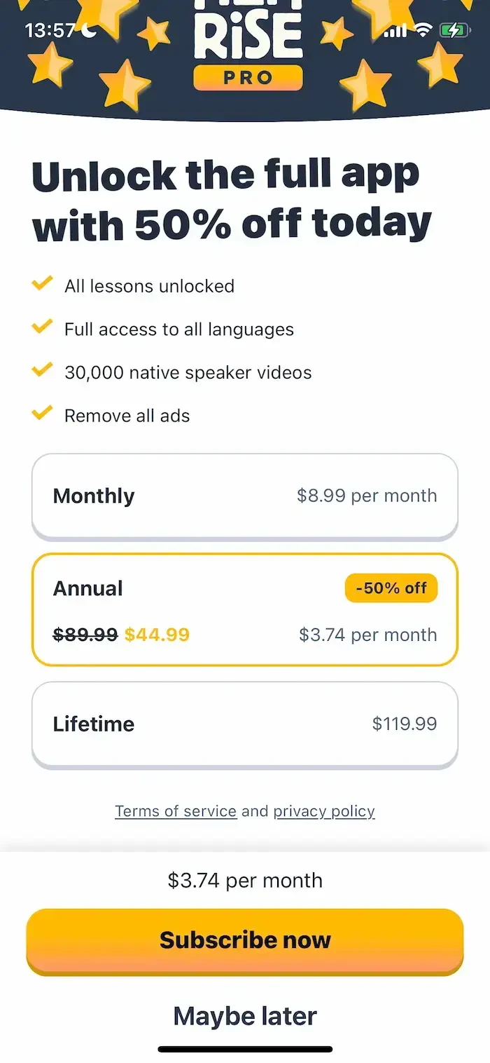 Memrise Easy Language Learning paywall screen