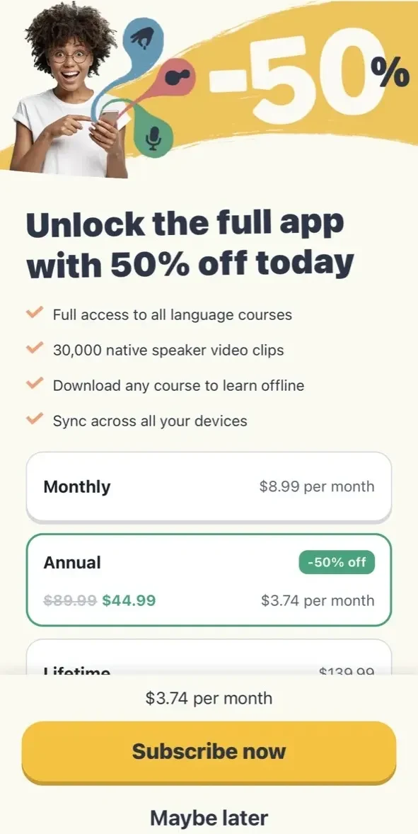 Memrise Easy Language Learning paywall screen