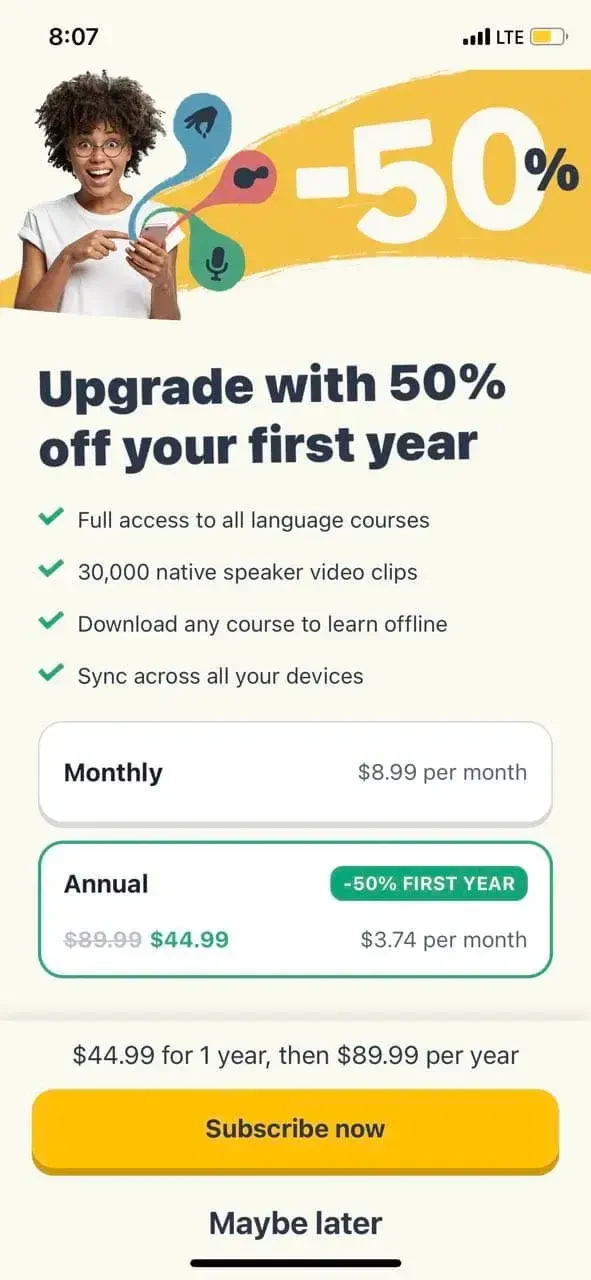 Memrise Easy Language Learning paywall screen