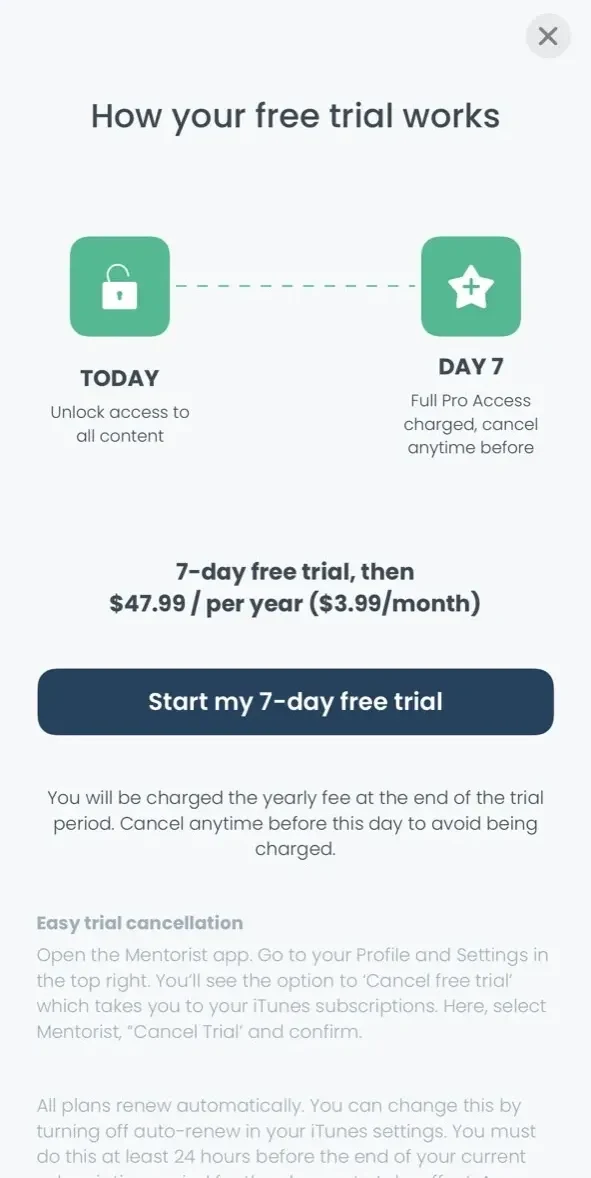 Mentorist paywall screen