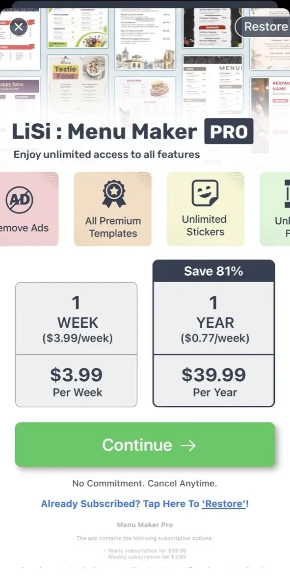 Menu Maker paywall screen