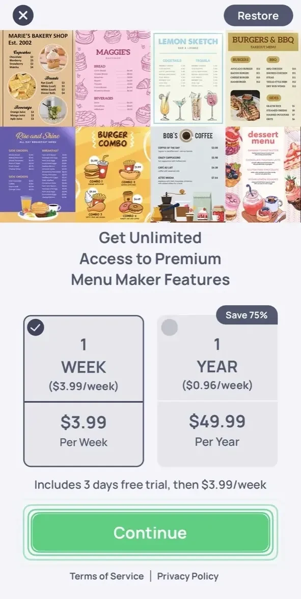 Menu Maker paywall screen