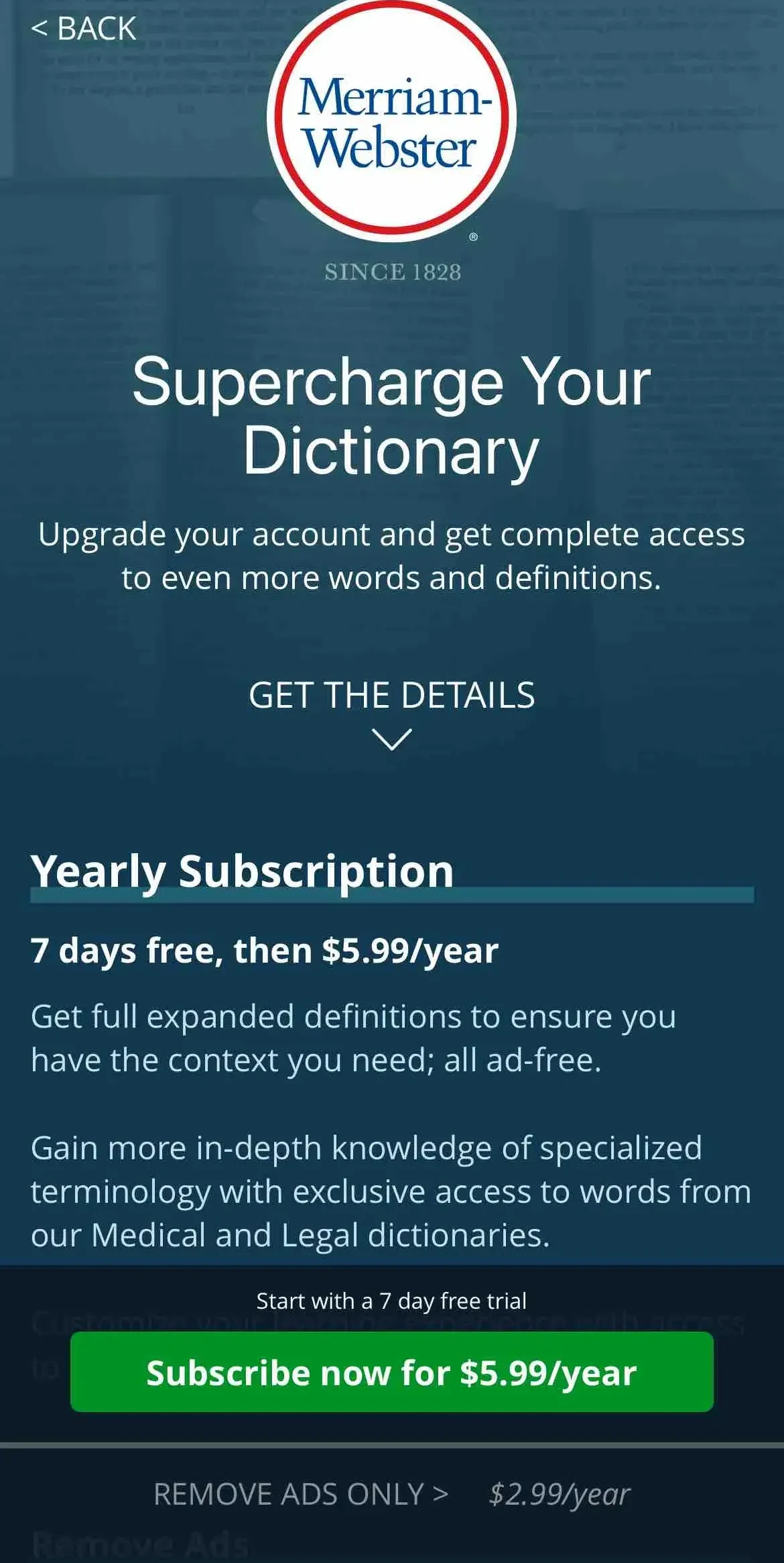 Merriam paywall screen