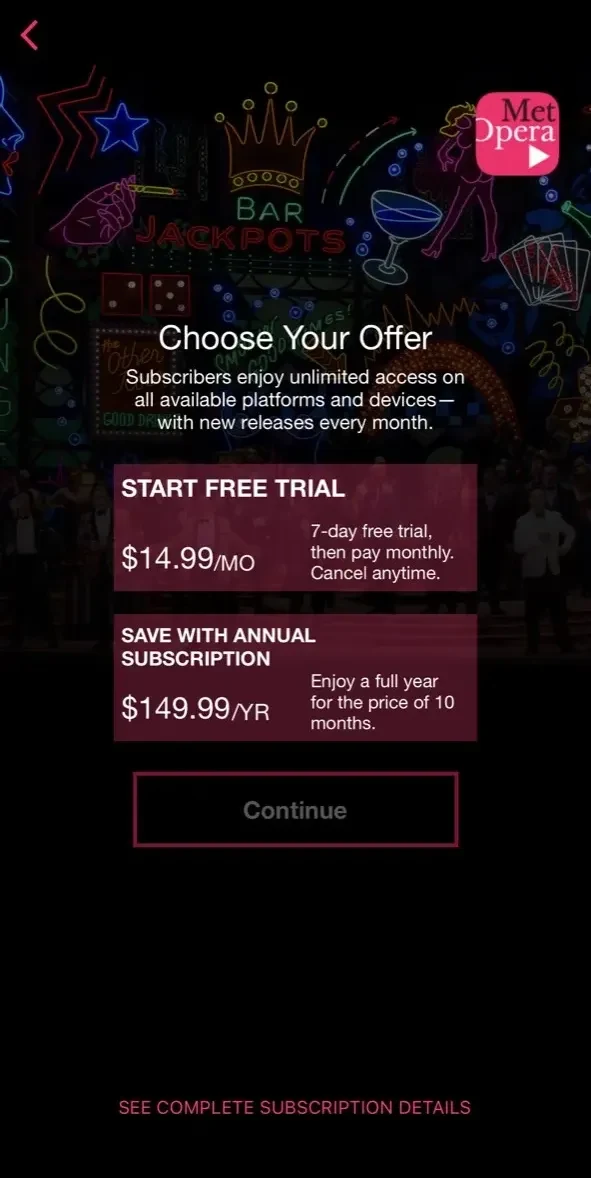 Met Opera on Demand paywall screen