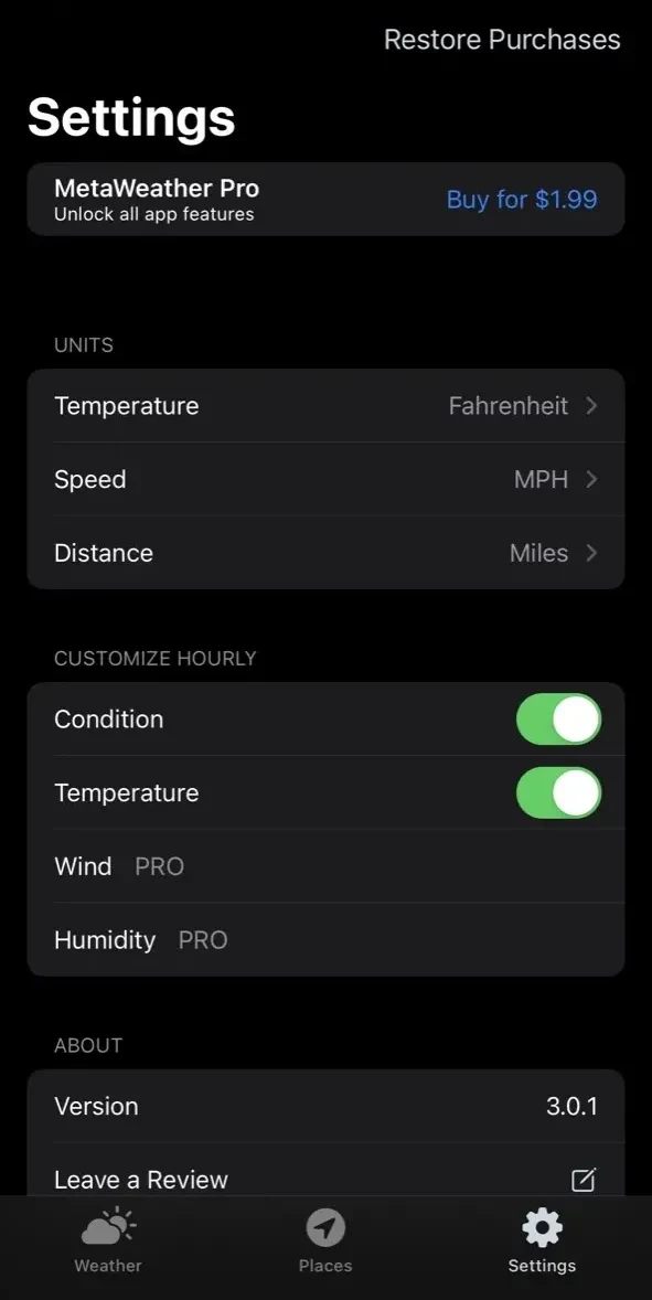 MetaWeather paywall screen