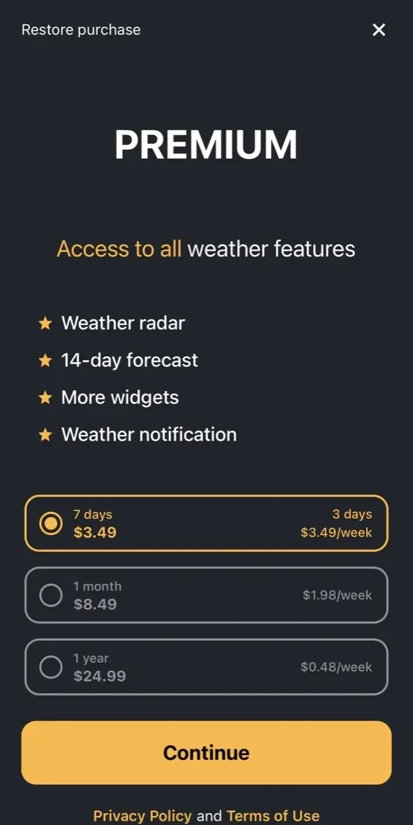Meteo Radar Pro paywall screen