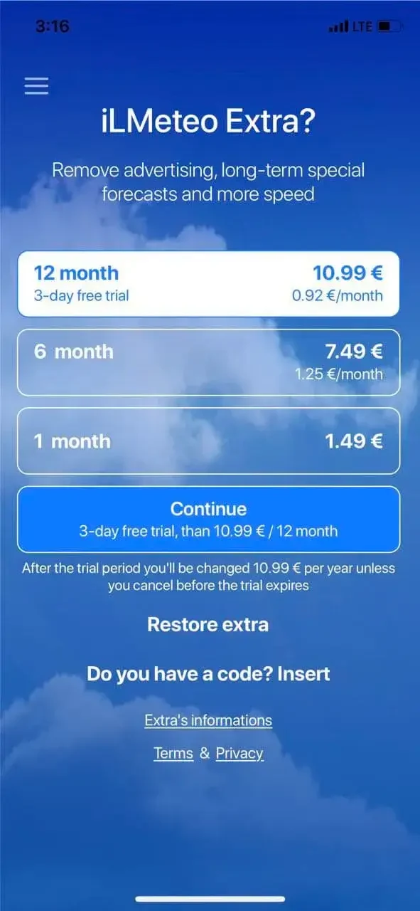 Meteo paywall screen