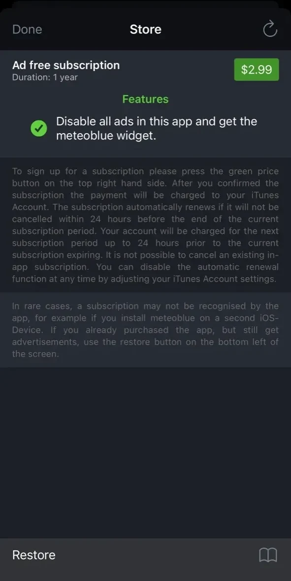 meteoblue weather paywall screen