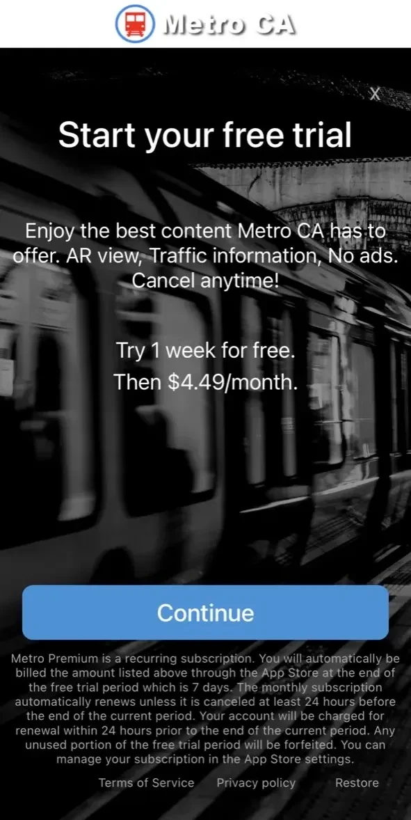 Metro CA paywall screen