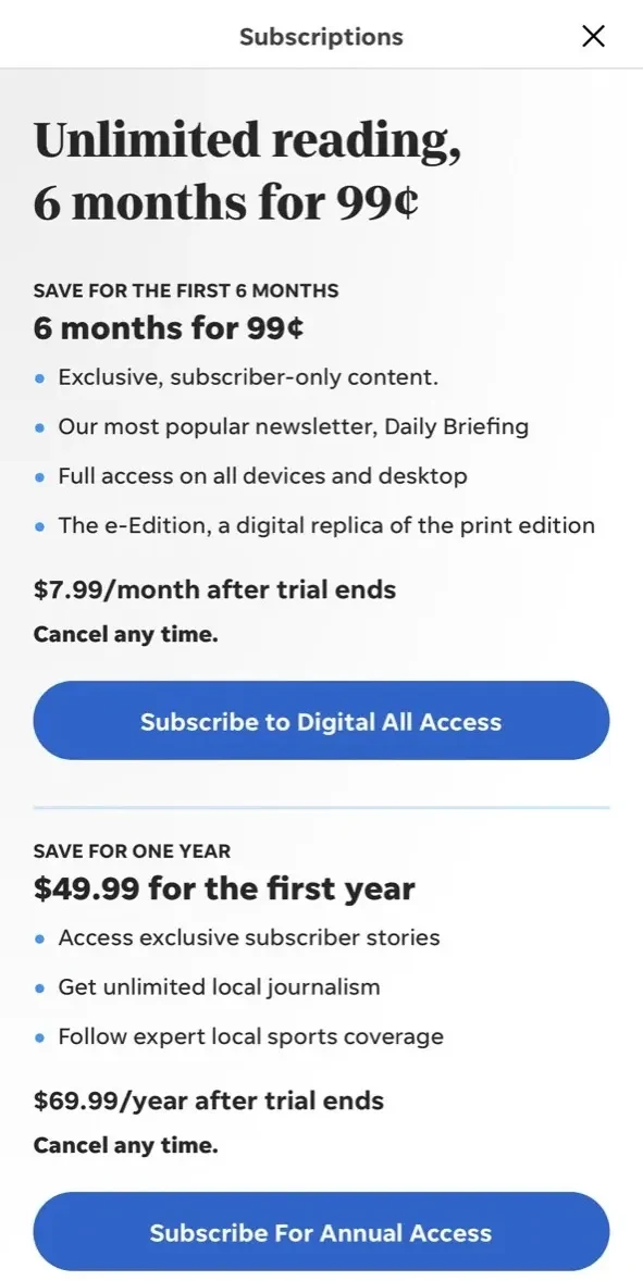 MetroWest Daily News paywall screen