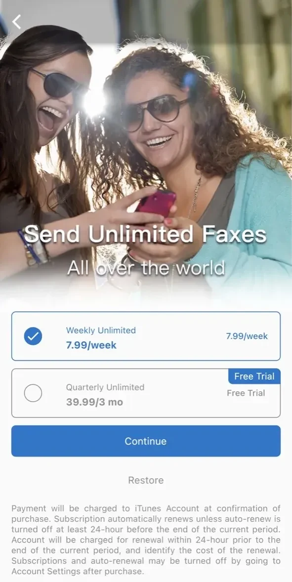 mFax paywall screen