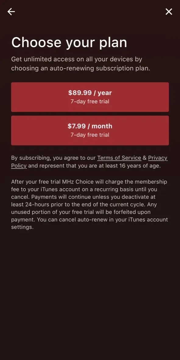 MHz Choice paywall screen