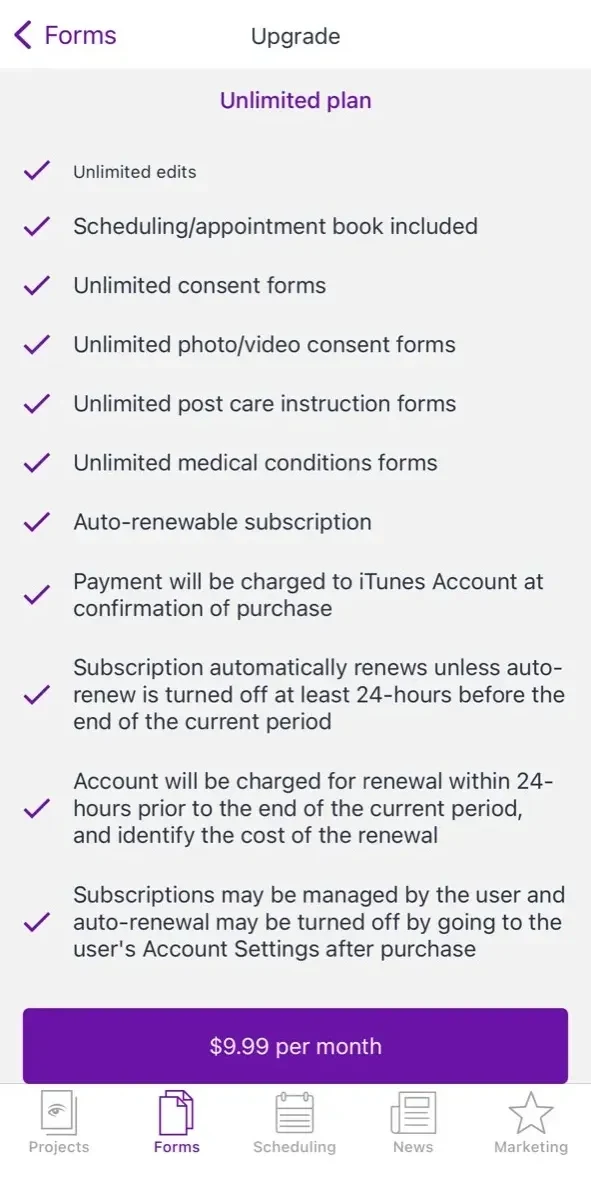 Microblading app paywall screen