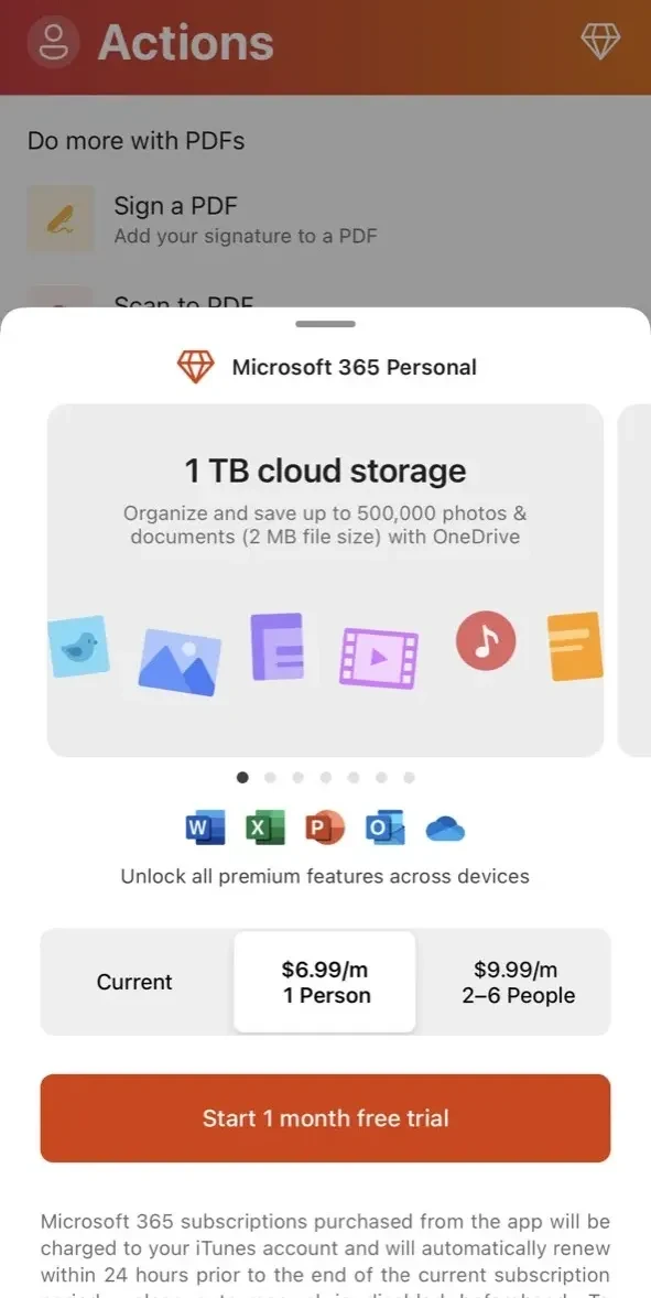 Microsoft 365 paywall screen