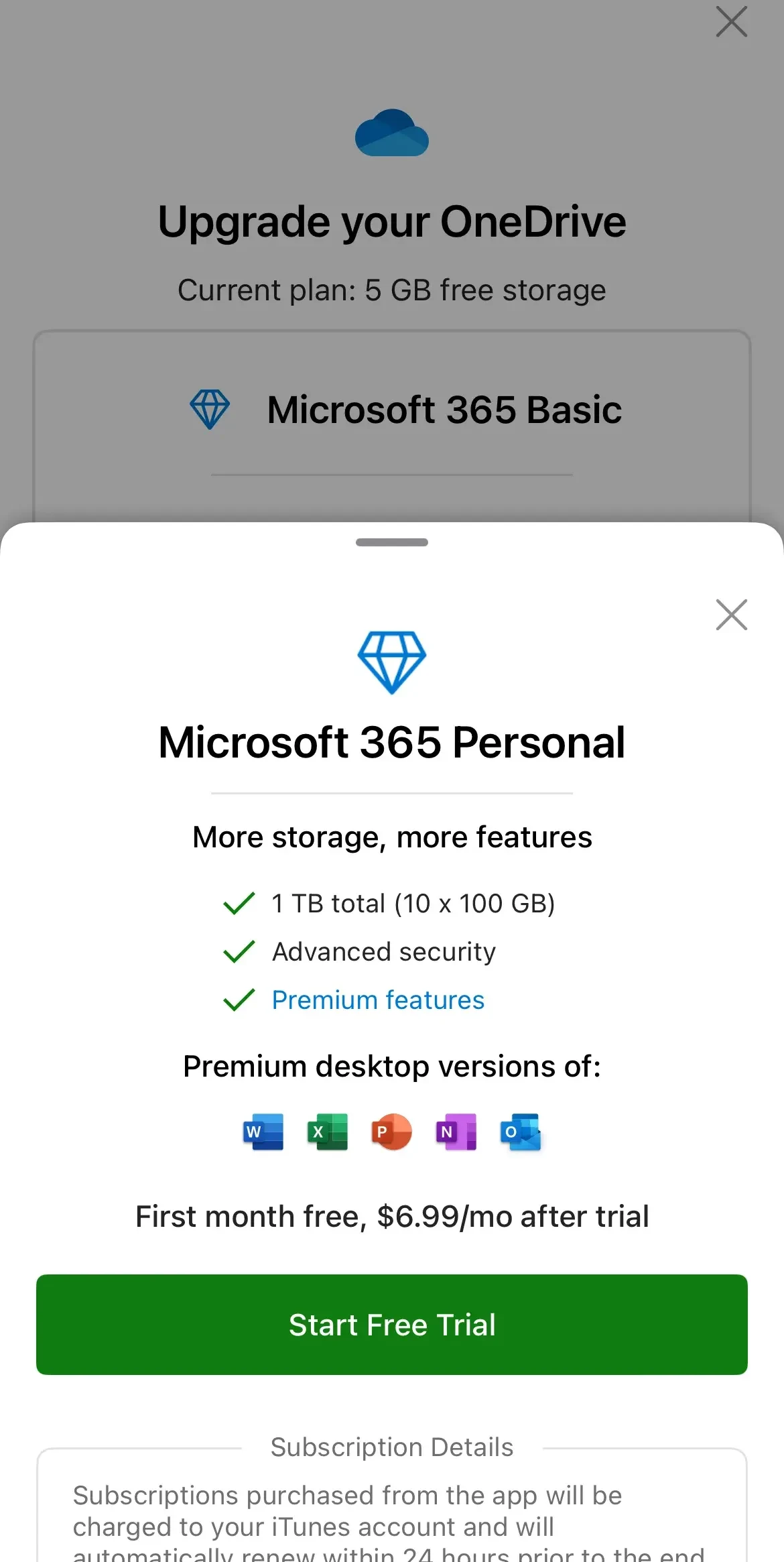Microsoft OneDrive paywall screen