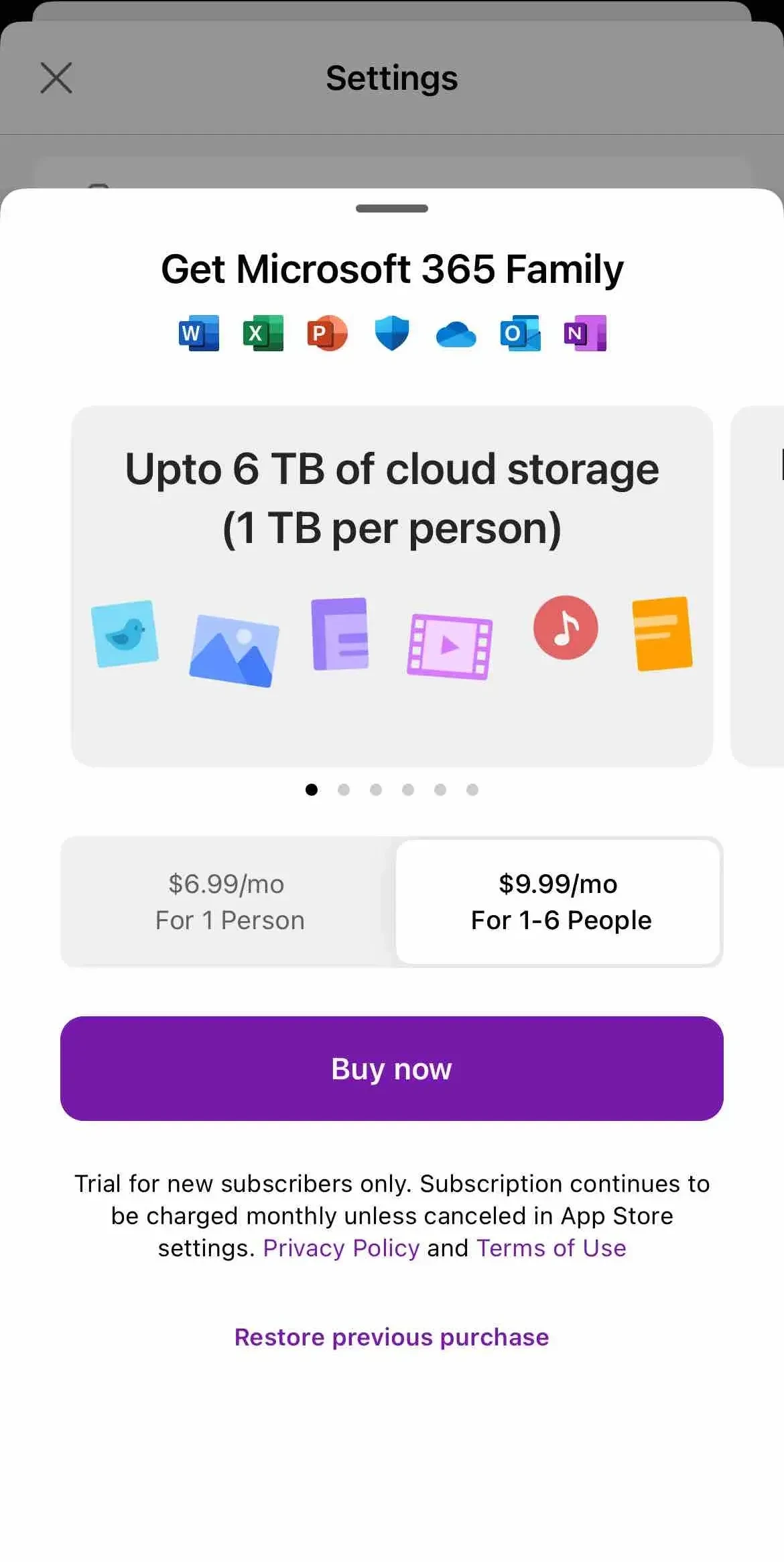 Microsoft OneNote paywall screen