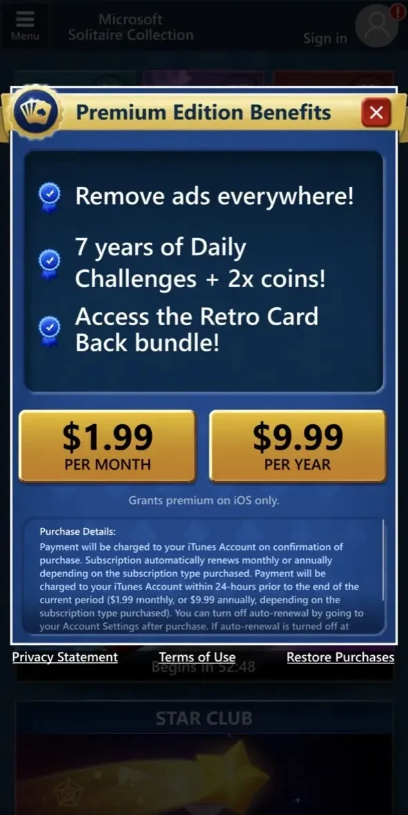 Microsoft Solitaire Collection paywall screen