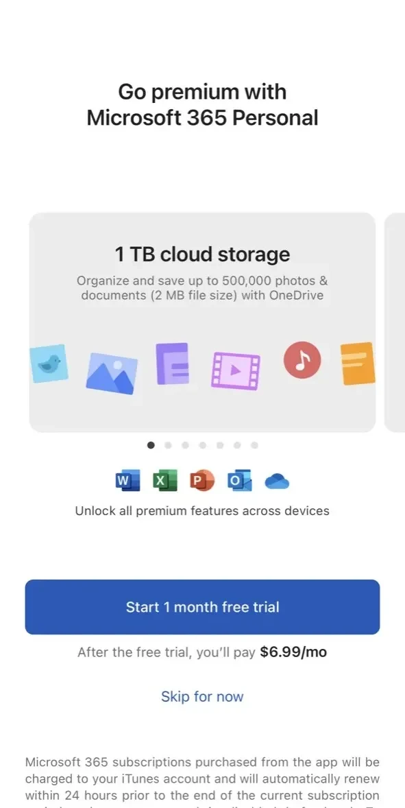 Microsoft Word paywall screen