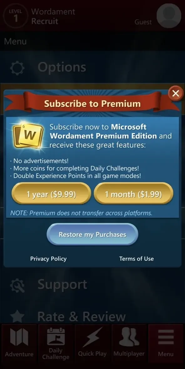 Microsoft Wordament paywall screen