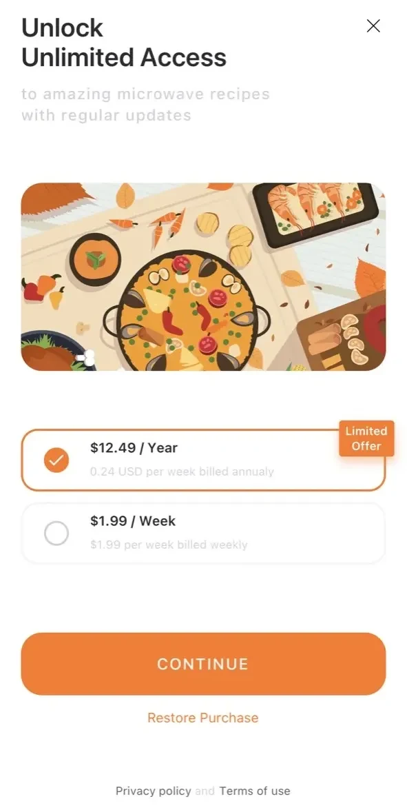 Microwave Oven Recipes paywall screen