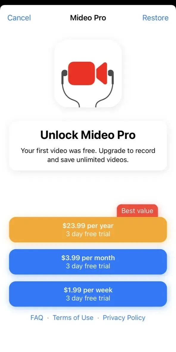 Mideo paywall screen