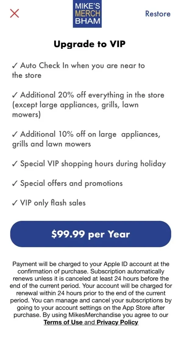 MikesMerchandise paywall screen
