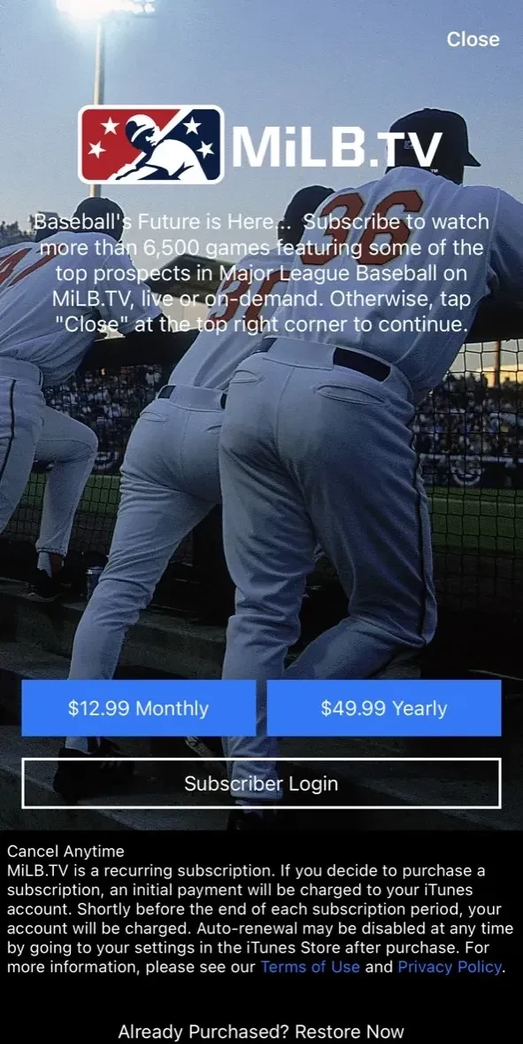 MiLB paywall screen