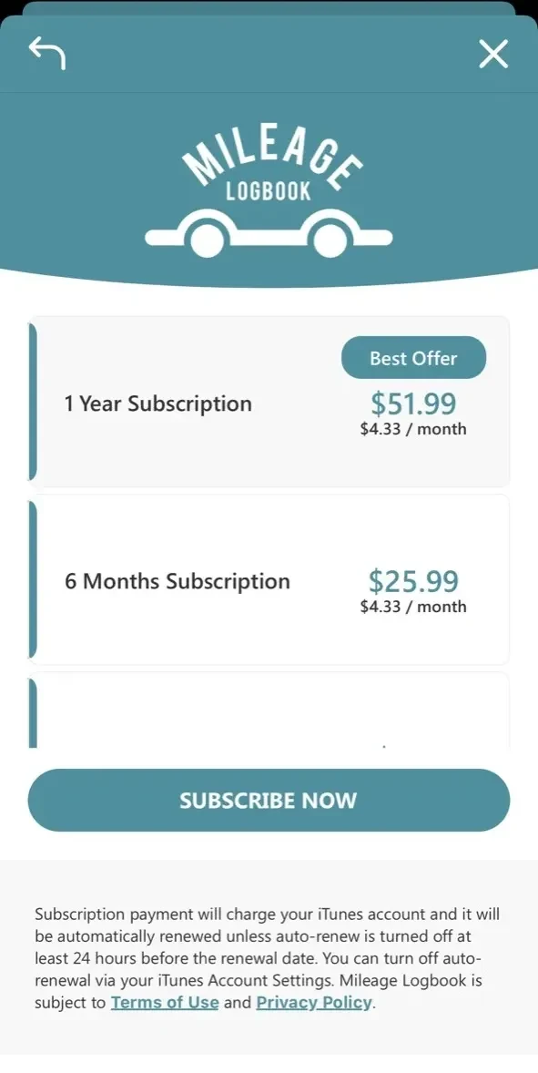 Mileage Logbook paywall screen