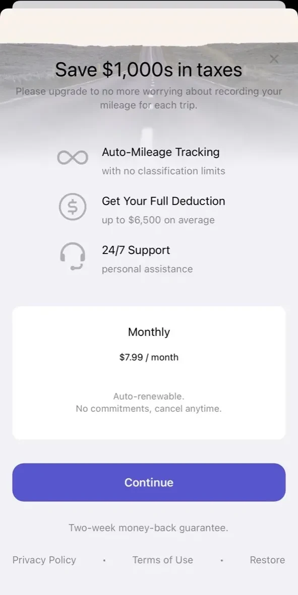 Mileage Tracker paywall screen